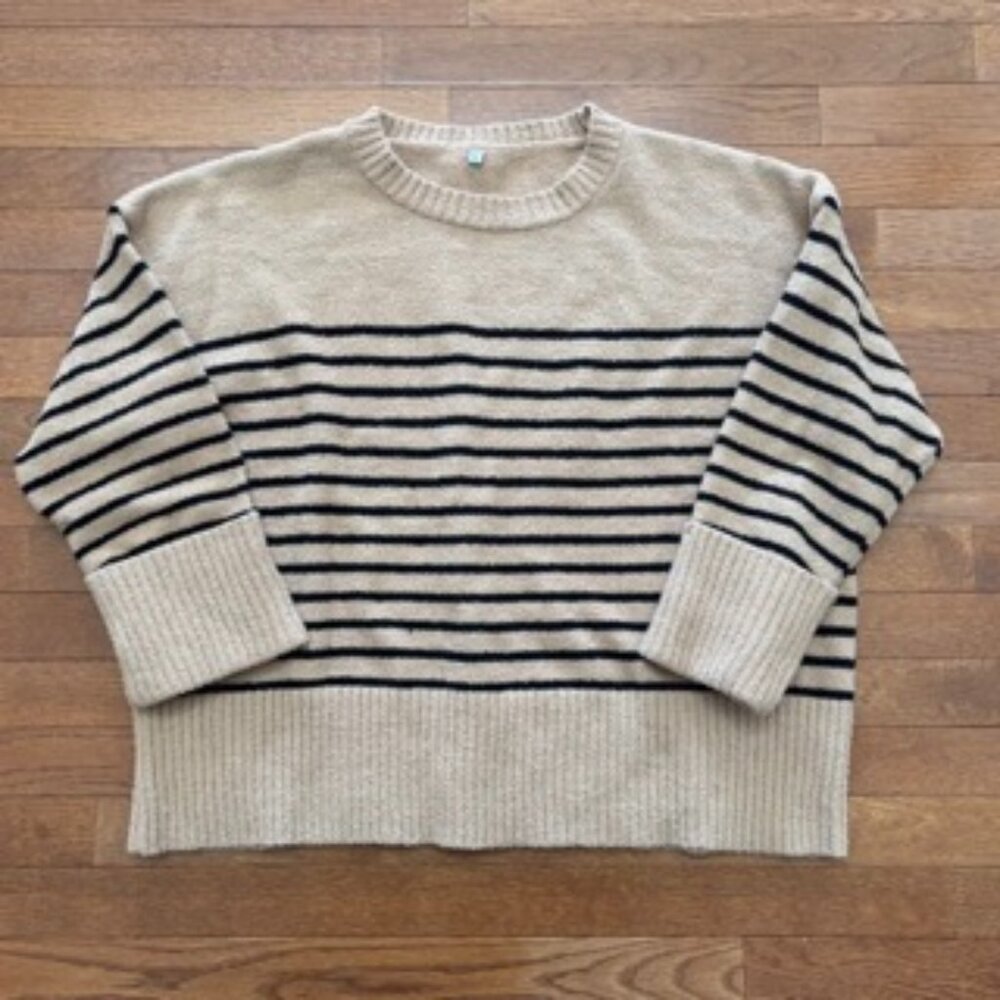 Tan Crewneck Cozy Oversized Sweater with Black Stripes and Cuffed Sleeves
